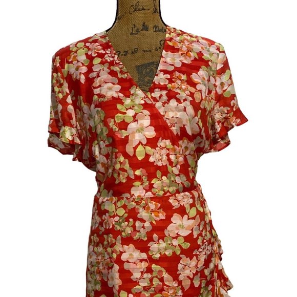 J Jill M Wrap Dress Viscose Coral Green White Pink Floral Flutter Sl Ruffle Trim - Picture 2 of 9